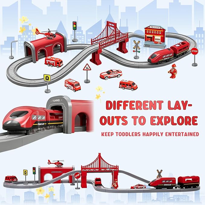 Wdmiya Train Sets for Toddlers, 66 Pcs Trains Toy with Battery Operated & Tracks (Magnetic Connection), Compatible with Thomas, Brio, Christmas Toy Gifts for 3 4 5 6 7 8 Years Old (Fire Engines)