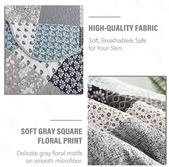 NEWLAKE Quilt Set King Size, Bedspread Sets Light Grey Square, Reversible Quilt Bedding Set Lightweight and Breathable for All Seasons, Soft Quilted Bedspread with 2 Pillow Shams