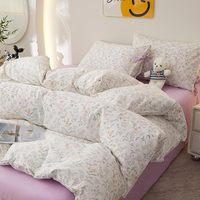 Vintage Floral Comforter Set Queen, Cottagecore Aesthetic Cute Flower Pattern Comforter for All Seasons, Lightweight Coquette Bedding Set Flowers Botanical Comforter with 2 Bow Ties Pillowcases