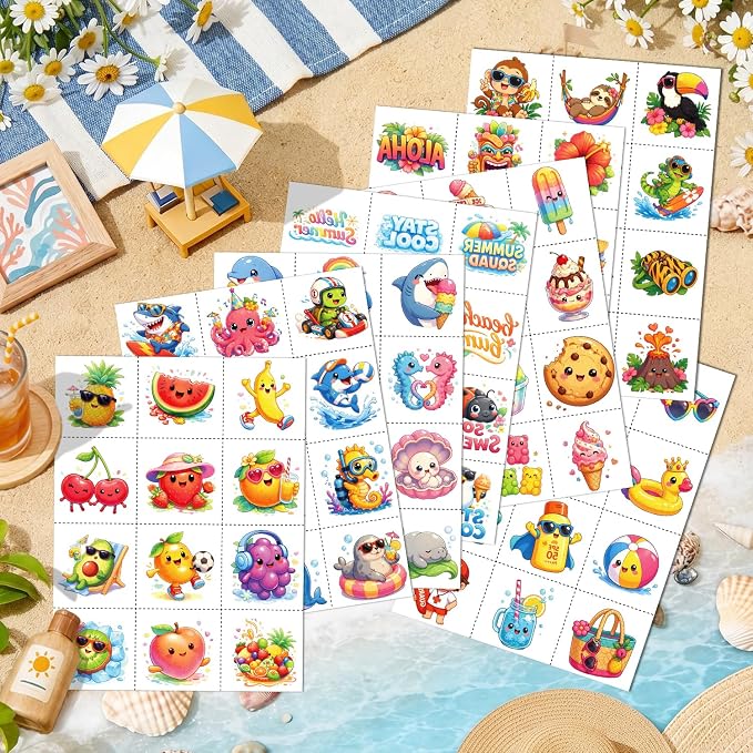JCFIRE Temporary Tattoos for Kids Adults, Pool Hawaiian Luau Summer Party Decorations, Cute Summer Tattoos Stickers, Party Favors Rewards Supplies