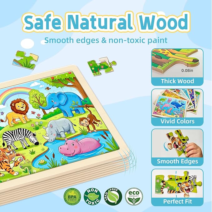 6-Pack Wooden Puzzles for Kids Ages 3-5, 30 Piece Jigsaw Puzzles Puzzles for Kids Ages 4-6, Education Preschool Sets Games for Boy Girl 3 4 5+ Years Old