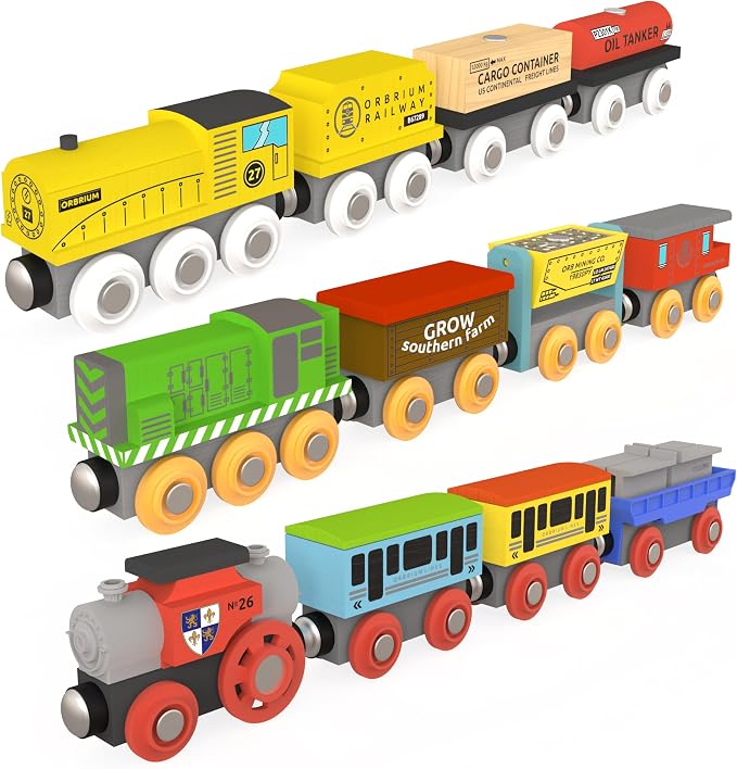 Wooden Train Set 12 PCS Magnetic Toy Train Cars with Storage Box Cover Tunnel Compatible with Thomas Brio Melissa and Doug Wooden Railway Toys for Grandkids Kids Toddlers Boys Girls (Pack of 2)