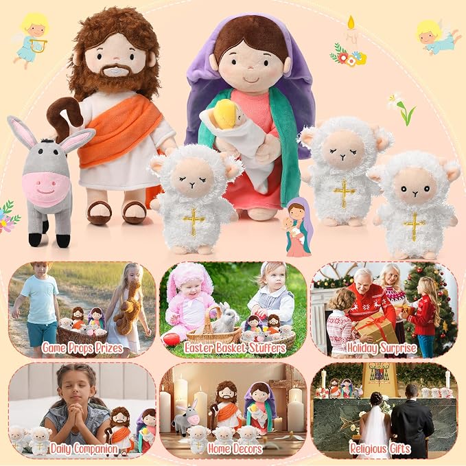 HyDren 6 Pcs Jesus Plush Doll, Christian Gift Nativity Set Religious Plush Doll 11 Inch Saint Virgin Mary with Baby Jesus and Donkey Lambs, God Christening Gift for Christmas Kids Church Nursery
