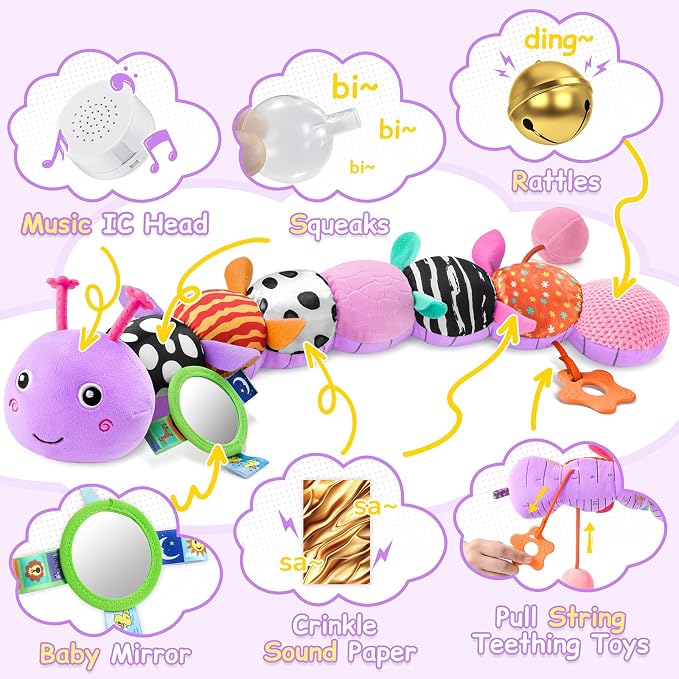 Baby Sensory Musical Caterpillar Plush Toy, Soft Stuffed Animal with Mirror Crinkle Paper Rattle Teether, Tummy Time Play Toy for 0-12 Months Newborn Infant for Boys Girls, Purple