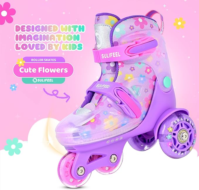 SULIFEEL Adjustable Roller Skates for Girls Boys Kids,Fun Illuminating Light Up Flash Wheels Three-Point Type Balance Suitable for Beginners Indoor Roller Skating