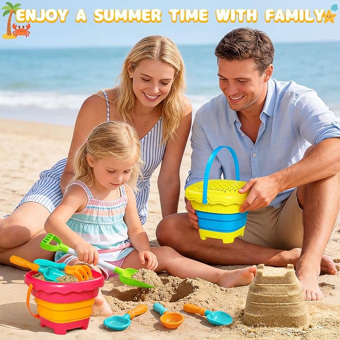 Letapapa Beach Sand Toys for Kids, Travel Sand Toys with 4 Collapsible Beach Buckets, Sifter Shovels Set & Mesh Bag, Beach Outdoor Sandbox Toys for Toddler Boys Girls 3 4 5 6 7 8 9 10 Year Old