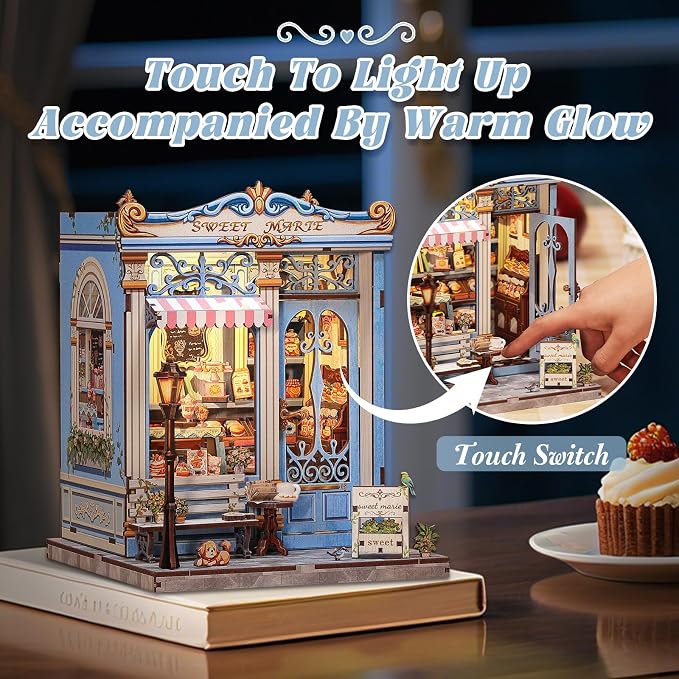 Fsolis Book Nook Kit - DIY Miniature House Kit for Adults, Booknook Bakery Bookshelf 3D Wooden Puzzles Gifts for Women Puzzle Lovers (Sweet Marie)
