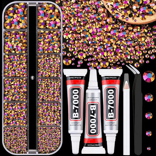 Resin Jelly Rhinestones for Crafting with B7000 Jewelry Glue, 1 Box Gold Rose AB Flatback Crystal with 3Pcs 10ml Glue, Bedazzling Non Hotfix Gems for DIY Tumblers Clothing Shoes Manicure