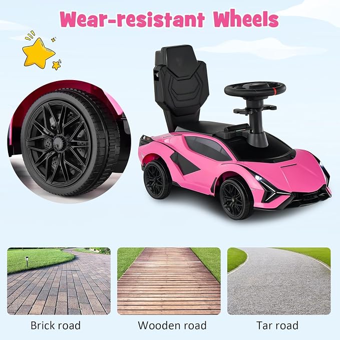 INFANS 3 in 1 Ride on Push Car, Licensed Lamborghini Baby Stroller Sliding Walking Car with Parent Control Handle, Music, Headlight, Under Seat Storage, Kids Foot-to-Floor Toy for 18-60 Months (Pink)