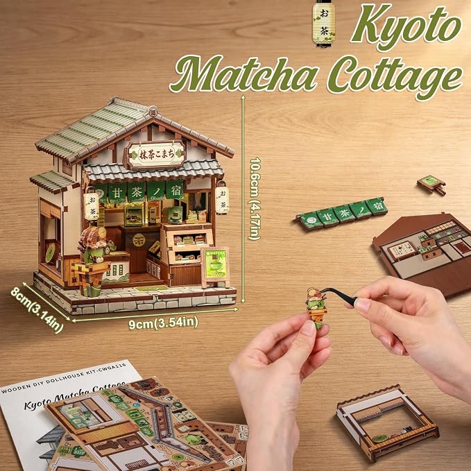 Cutefun DIY Miniature House Kit, 128 Pcs 3D Wooden Puzzle Tiny House Mini House Building Kit for Beginners & Teens, Palm-Sized Japanese Booknook Dollhouse for Bookshelf Decor (Kyoto Matcha Cottage)