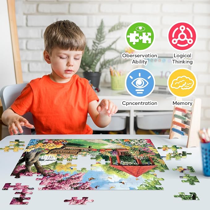 Jeacirio 100 Piece Garden Puzzle for Seniors, Large Piece Jigsaw Puzzle with Colorful Flowers, Butterflies, Gazebo and Spring Garden Scene, Relaxing Activity Gift for Older Adults and Families