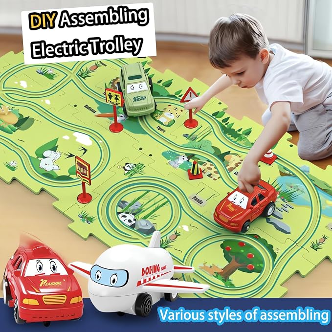 Puzzle Racer Kids Car Track Set Educational Puzzle Track Car Play Set Rail Car Puzzle with Battery-Operated Toy Vehicle & Puzzle Board for Kids Ages 3+ (5PCS, 4 Style)
