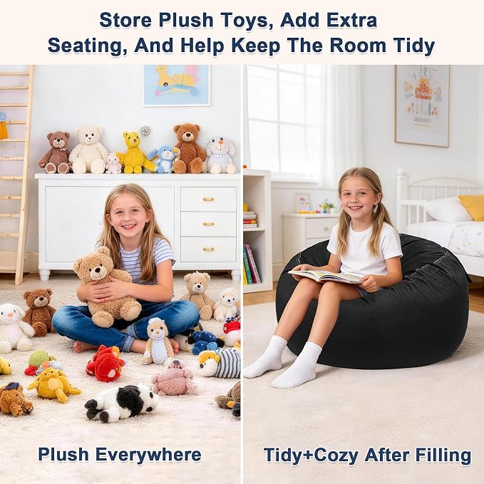 Lukeight Stuffed Animals Storage Bean Bag Chair Cover for Adult Teen, Cozy Velvet Plush Toy Organizer Seat, Cover Only, No Filling Included, Long YKK Zipper, Side Pocket, XXX-Large 42 x 23 in