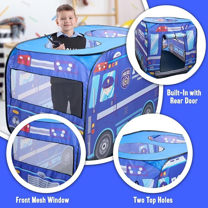 Playbees Musical Police Car Pop Up Play Tent with 3 Openings - Tent for Toddlers - Indoor & Outdoor - Pop Up Tents for Kids - Includes Carry Bag and Sound Button- 43.5x28x26.5 Inch
