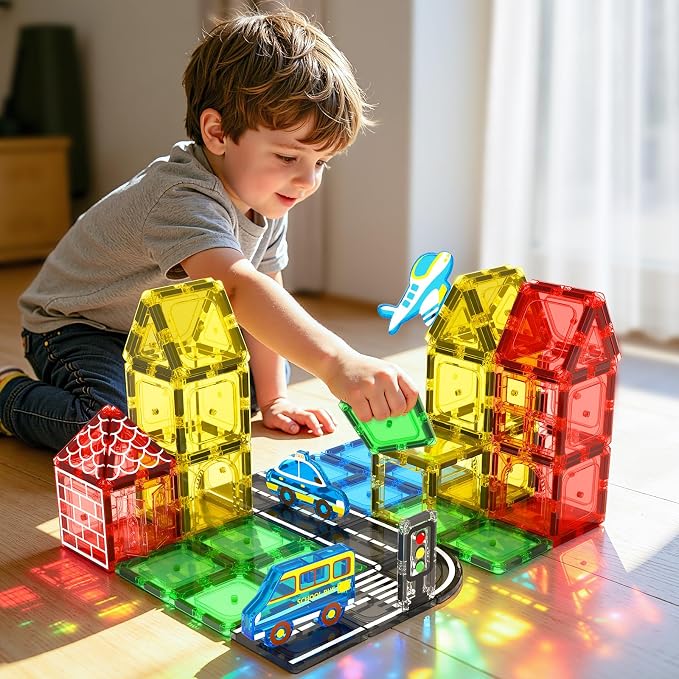 Magnetic Tiles Road Set, STEM Magnetic Building Blocks for Toddlers Kids Ages 3-5 4-8, Birthday for 3+ Year Old Boys Girls