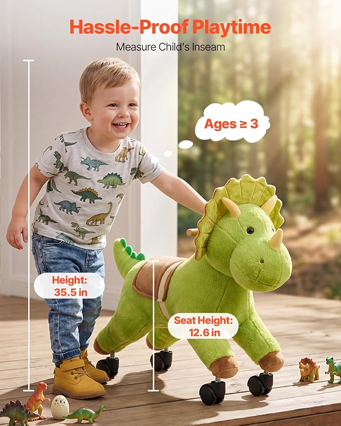 VEVOR Ride On Horse, Riding Dinosaur Toys for Kids, Features Lifelike Dinosaur Roars, No Battery Required, 360-Degree Flexible Smooth Wheels, Soft Seat, 88 lbs Max Load Capacity for Toddlers Ages 3+