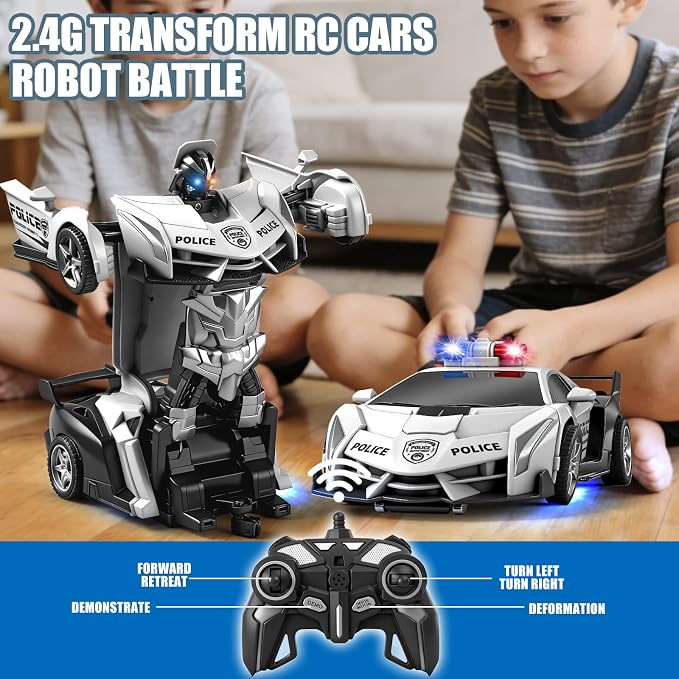 2.4G Remote Control Transformer Car, Rechargeable RC Police Car Toy with Flashing Lights, Convertible Robot & Vehicle, Gift for Kids,Police Transformer Cars for Boys 4 5 6 7 8 9 10 11 12 (Black/White)