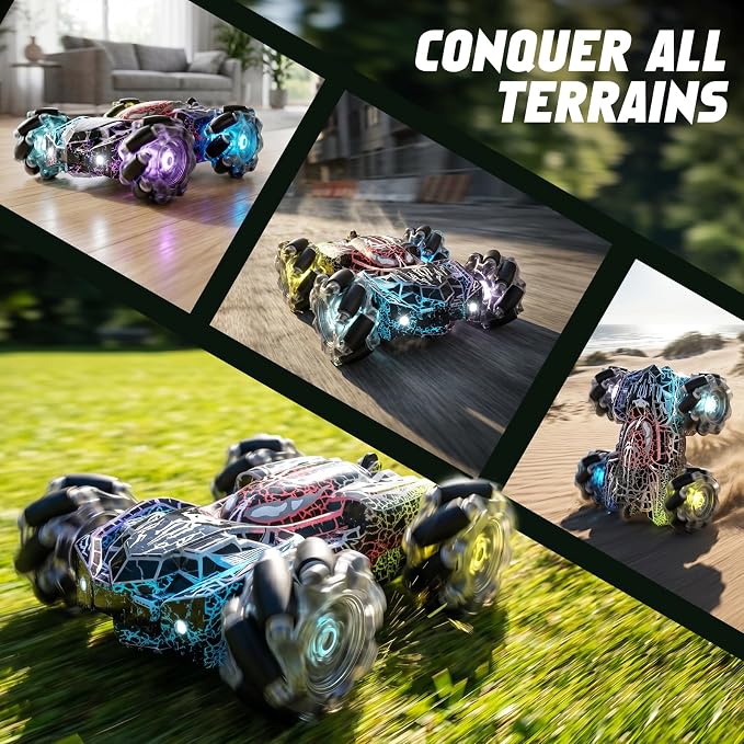 Spider Gesture Sensing Remote Control Car Toys Birthday Gift for Boys 3 4 5 6 7 8 9 10 11 12, Double Sided RC Cars with Full-Body Light, 2.4GHz Hand Controlled Rechargeable RC Stunt Car - Black