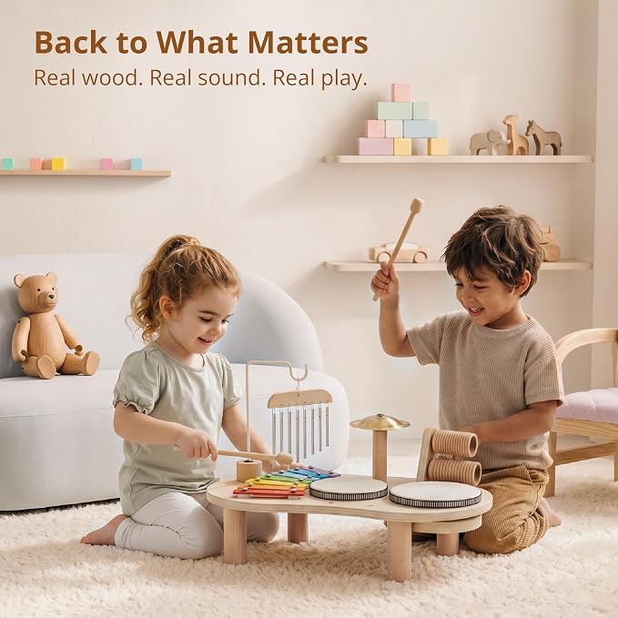 Wooden Drum Set for Toddlers 1-3, Musical Percussion Instruments for Kids Baby Drum Set Xylophone, Montessori Educational Musical Toys for Girls Boys Ages 3+