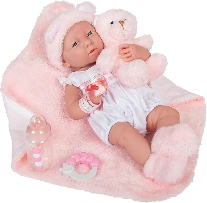 JC Toys | La Newborn | 15" All-Vinyl | Anatomically Correct Real Girl Baby Doll | in White and Pink Outfit with Deluxe Accessories | Designed by Berenguer (18061)