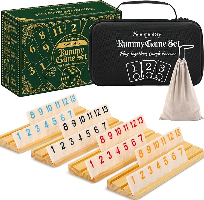 Soopotay Upgraded 2-4 Players Rummy Game, 106 Melamine Tiles, 4 Wooden Racks, Premium Portable Case, Drawstring Bags, Tile Board Games for Adults, Birthday Gifts for Men Women Dad Mom