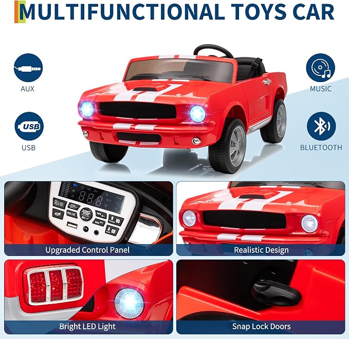 Garvee 24V 2 Seater Ride on Licensed Shelby GT350, Battery Powered Ride on Toys for Kids with Remote Control, Ford Shelby Kids Electric Vehicle 2 Seat, Safety Belt, 2 Speeds, LED Lights, Red