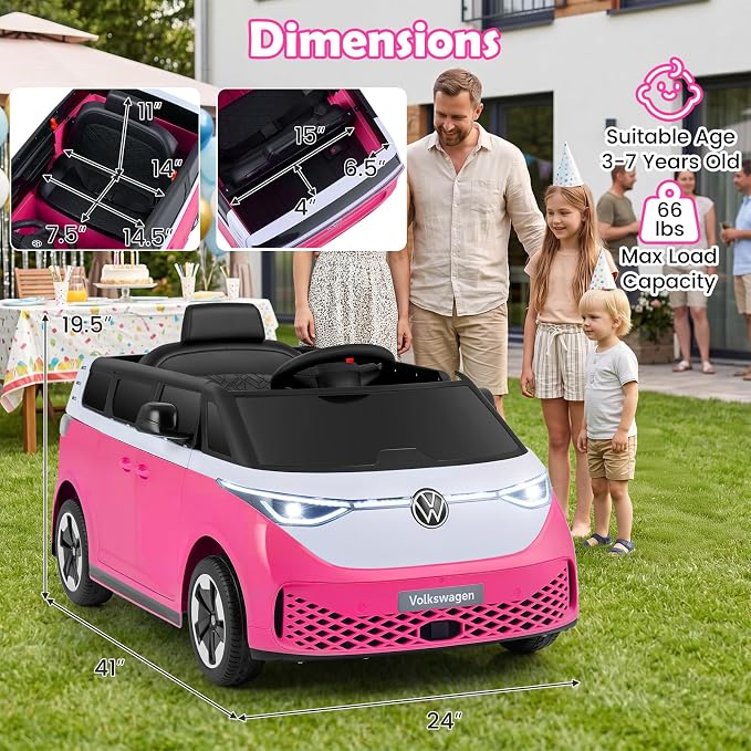 Costzon Ride on Car, 12V Licensed Volkswagen Kids Car Bus with Storage Compartment, Music, Story, Spring Suspension, LED Headlights, Electric Vehicles for Boys Girls Aged 3-7 (Hot Pink)