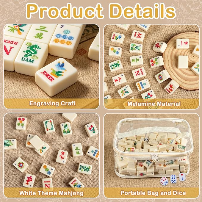 166 American Mahjong Tile Set with Storage Bag & Dice, 1.2" Mini White 3D Engraved Melamine Mahjong Tiles for Adults, Friends and Family Game Night, Travel Size Chinese Game Gifts