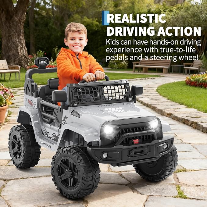 Hetoy 12V Ride on Toys with Parent Remote Control Toddler Electric Vehicle with Spring Suspension, LED Lights, Bluetooth, Music Player, 3 Speeds Ride on Car Truck for Kids Age 3-8 (Grey)