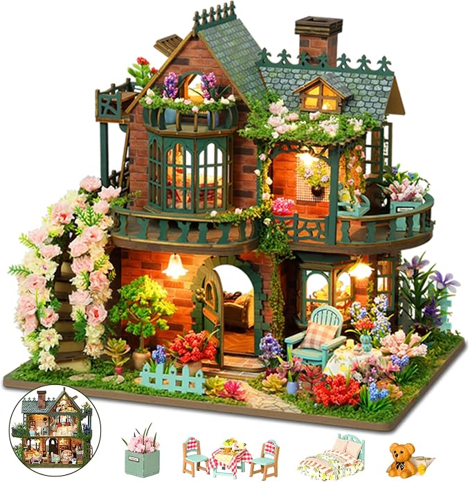 DIY Miniature House Kit with LED Lights, Fairy Garden Wooden Mini House Building Kit for Adults & Teens, Creative Crafts for Women, Friends & Hobbyists