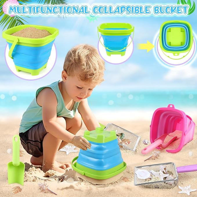 Beach Shell Collecting Set, Sand Toys with 2 Collapsible Buckets, Shark Tooth Sifters, Sand Scoops, Mesh Bags, Outdoor Exploration Tools & Treasure Hunt Toys for Kids, Family Beach Vacation Essentials