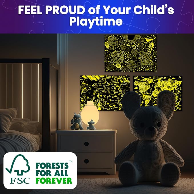 QUOKKA 100 Puzzles for Kids Ages 4-6 – Glow-in-the-Dark USA Map World Map and Solar System – Educational Floor Puzzles for Kids Ages 6-8 – Geography Learning Toys for 5-8 Year Olds