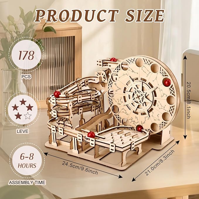 3D Wooden Puzzles for Adults Marble Run Model Building Kit, 178pcs Astrolabe Sphere with Red Marbles, DIY Craft Hobby Set, Creative Mechanical Puzzle Gift for Adult & Teens