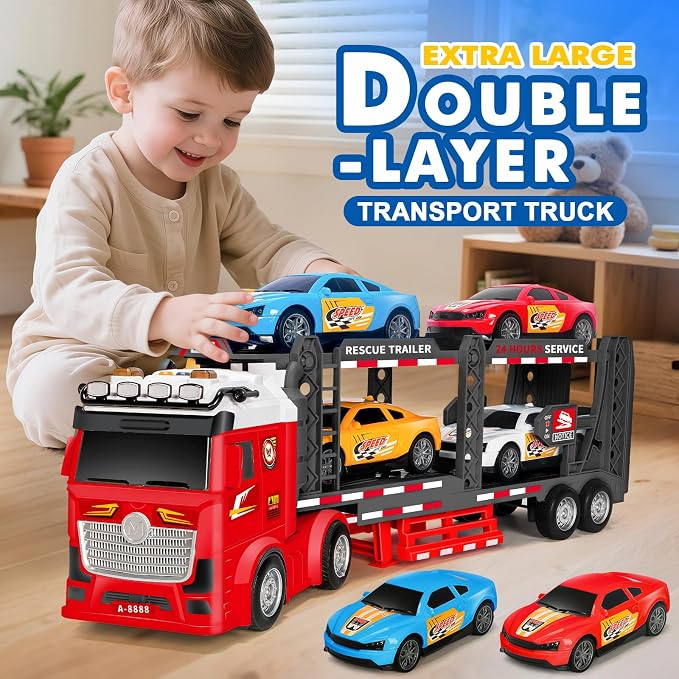 BainGesk Truck Toys Car for 3, 4, 5, 6, 8 Years Old Boys Girls, Adjustable Double Decker Car Carrier Truck with Light & Sound, Car Hauler with Trailer Toy, Large Semi Transport Toy Gifts for Toddler