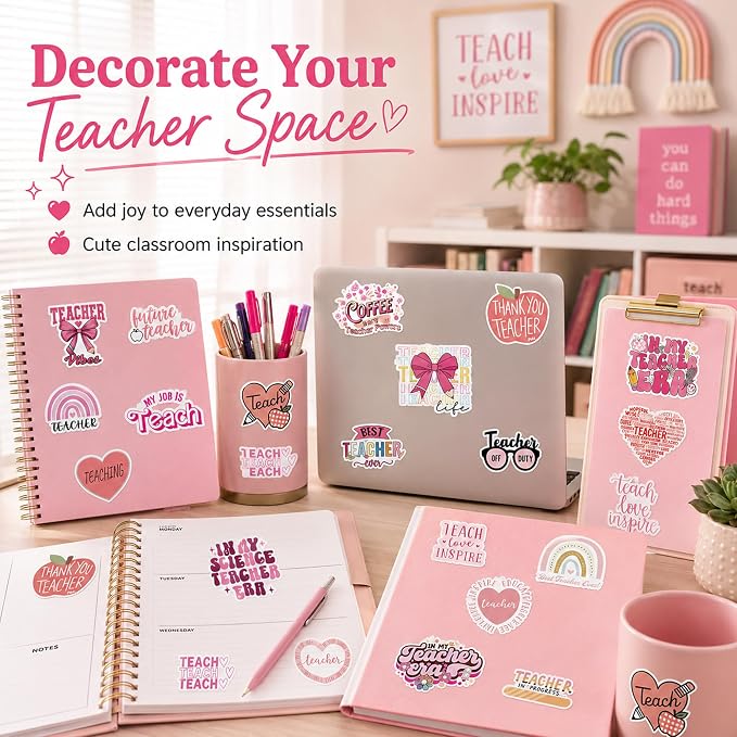 QTL Teacher Stickers for Teachers Students, Teacher's Day Party Supplies, Waterproof Vinyl Stickers for Water Bottles and Laptop, 50PCS