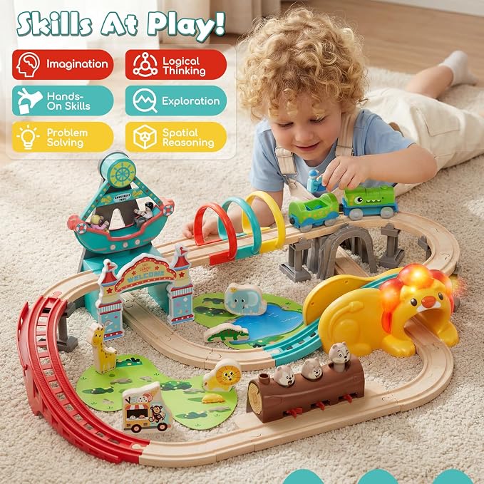 Lehoo Castle Wooden Train Set - Train Track Set with Battery-Operated Dinosaur Train, Lion Tunnel Lights & Sounds, Train Toy Birthday Gift for Boys & Girls Ages 3-7