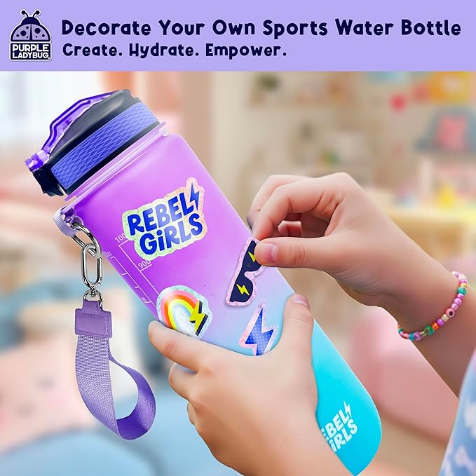 Rebel Girls Decorate Your Own Water Bottle - 32oz BPA Free Water Bottle for Kids with Motivational Stickers & More, Girls Birthday Gifts Age 6-7 8 9 10 11 - Teen Gift, Tween Girl Trendy Stuff