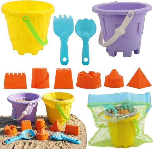 TOY Life Kids Beach Sand Castle Bucket Set, 2 Buckets with Mesh Bag, 6 Molds, 2 Shovels, Colorful Plastic Beach Toys for Summer Play