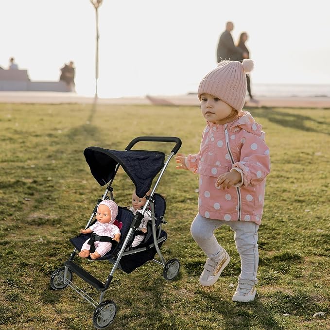 The New York Doll Collection First Twin Stroller - Cutest Heart Design Baby Strollers Great Toy Gift for Toddlers and Girls (Denim) Blue,pink