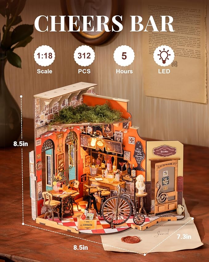 Rolife DIY Miniature House Kit for Adults, Cheers Bar Mini Wooden Dollhouse 1:18 Tiny Building Diorama Mini Model House Kits Birthday Craft Hobbies Gift Home Decor for Friends Family