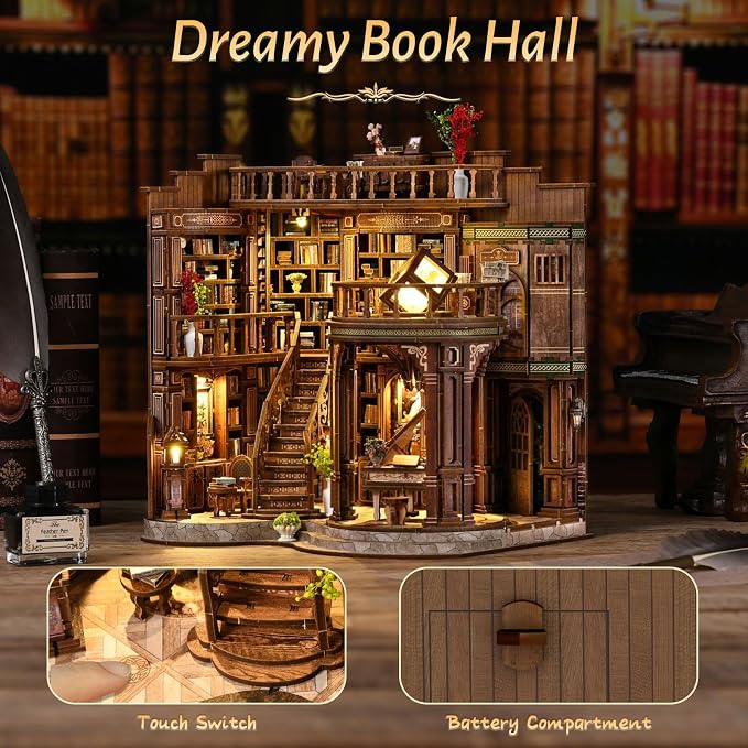 fifijoy DIY Miniature Dollhouse Kit - DIY Miniature House Kit with LED Lights, 3D Wooden Puzzle Library Bookshelf Decor for Adults, Creative Gift for Family, Friends (Dreamy Book Hall)
