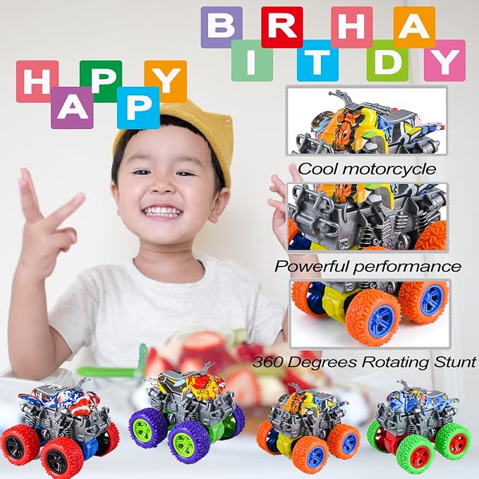 Monster Truck Toys - 4 Pack Friction Powered Toy Motorcycle Cars Push and Go Car Truck Playset for Boys Girls Toddler Aged 3 4 5 6 7 Year Old Gifts for Kids Christmas Birthday Party