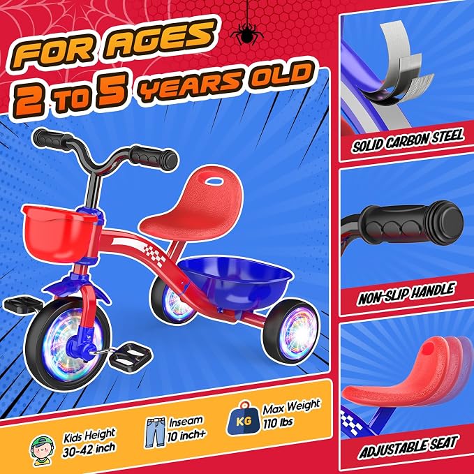 Tricycle for Toddlers 1-3 3-5 Year Olds, Unicorn Toddler Bike Baby Balance Bike with Colorful Lighting Wheels & Large Basket, Birthday Gift and Toy for 1 2 3 4 5 Year Olds Girls Boys-red
