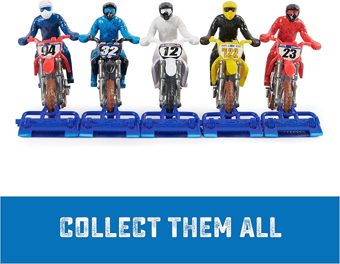 Supercross, Authentic 5-Pack of 1:24 Scale Die-Cast Motorcycles with Rider Figure, Toy Moto Bike for Kids and Collectors Ages 3 and up