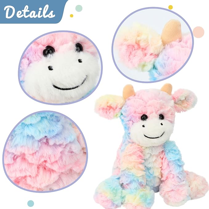 Hopearl Adorable Plush Cow Toy Colorful Floppy Dairy Cattle Soft Stuffed Animal Cute Birthday Holiday Gift for Boys Girls Kids Toddlers, Rainbow, 9''