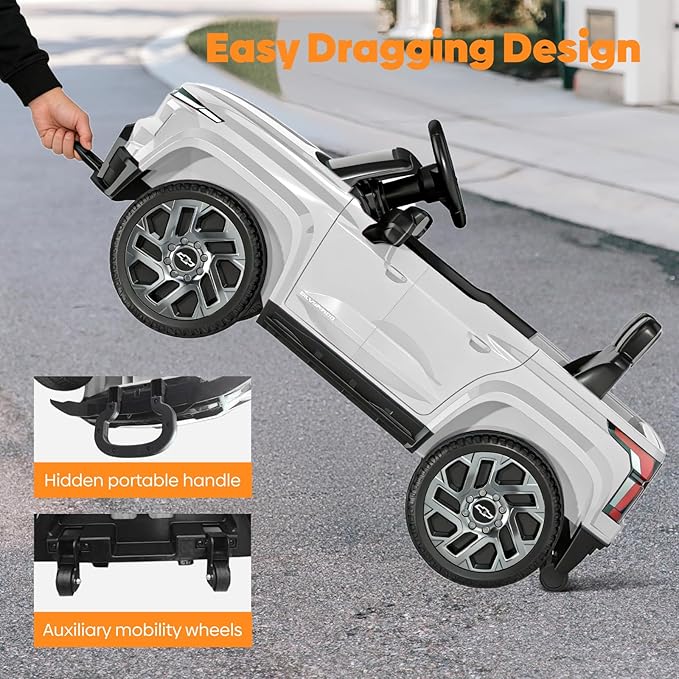 24V Licensed Chevrolet Silverado EV Electric Car for Kids, Ride on Toys for Toddlers with Remote Control, Soft Start, Wide Seat, 3 Speed, LED Lights, Music Player, Birthday Gift, White