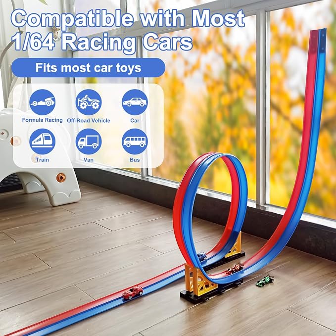 Flexible Race Car Track for Kids: 15 Ft DIY Bendable Ramp Set with Suction Cups for Wall & Window Play - Portable Roll-Up Toy Tracks, Compatible with 1:64 Diecast Cars, Gifts for Boys Girls Ages 3-8