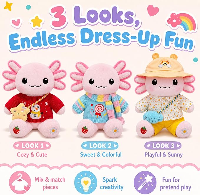 KUMANEKO Cute Axolotl Plush Gift Set with 12 Pcs Axolotl Stuffed Animal Clothes & Accessories, 13-Inch Axolotl Toy, Birthday/Graduation Gifts for 3/4/5/6/7/8/9/10/11/12 Girls Kids