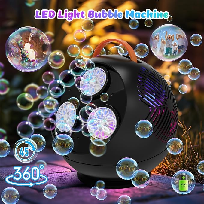 IFLOVE Bubble Machine for Kids 3+-45°/360° Rotating Bubble Blower with RGB LED Light,30000+ Bubbles Per Minute,Automatic Portable Bubble Maker for Boys Girls,Outdoor Party Easter Birthday Gift (Black)