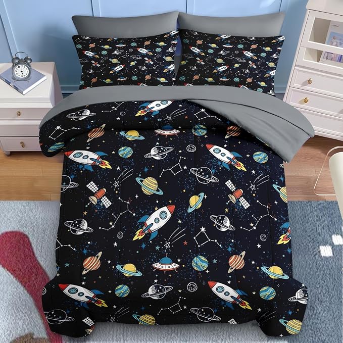 Nesker Comforter Set Queen Size, Space Moon Universe 7 Pcs Bedding for Kids Teens, Rockets Planets Starswith Fitted Sheet 2 Pillowcases & 2 Shams for Bedroom Bed Decor